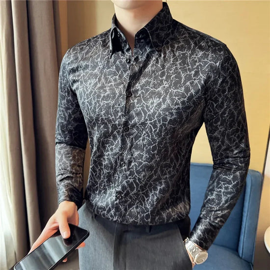 Men Dress Shirt 2024 Solid Casual Long Sleeve Slim Fit Print Shirt Fashion Formal Social Banquet Tuxedo Wedding Men Clothing