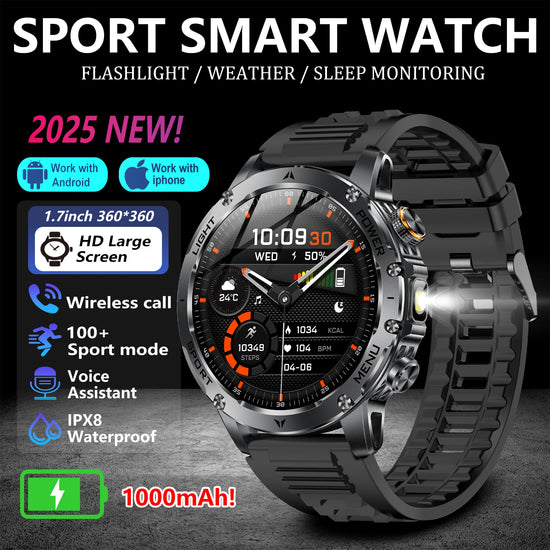 The 2026 new smart watch is equipped with a strong flashlight, supports Bluetooth calls, health monitoring, 100+ sports modes